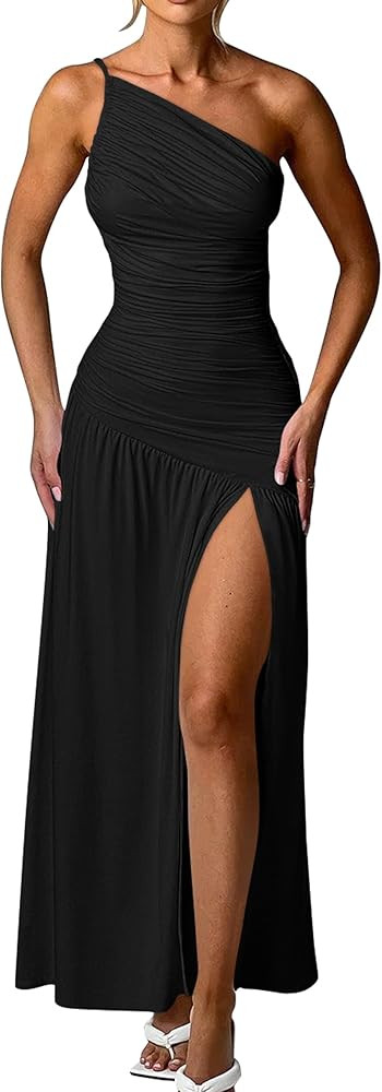 Memoriesea Women's Sexy One Shoulder High Split Ruched Cocktail Party Formal Maxi Dress | Amazon (US)