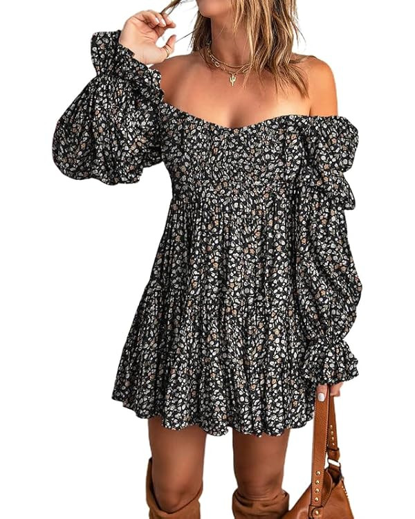 Dokotoo Womens 2023 Summer Spring Elegant Off The Shoulder V Neck Long Sleeve Ruffle Flowy Mini S... | Amazon (US)