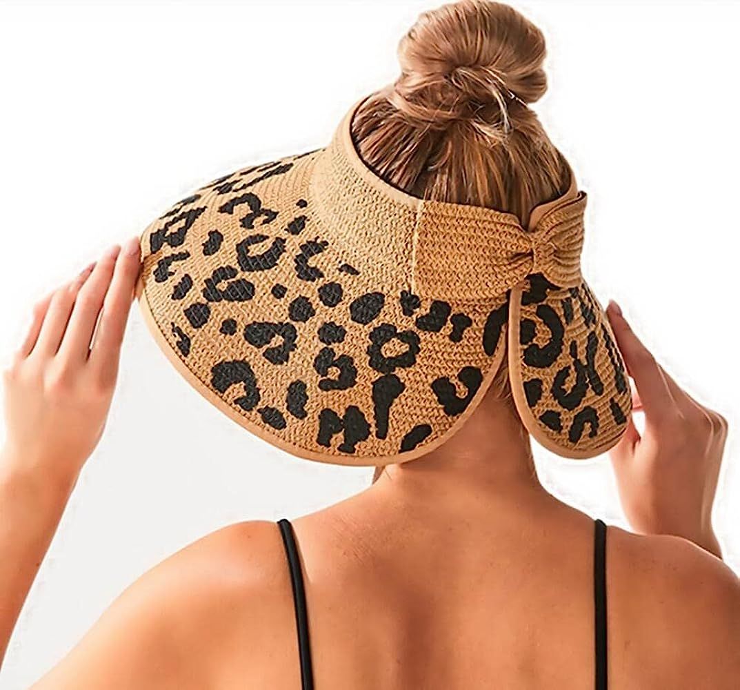 Women Sun Visors Wide Brim Foldable Packable Ponytail Beach Hat Straw Leopard Roll Up Bow Visor Sun  | Amazon (US)