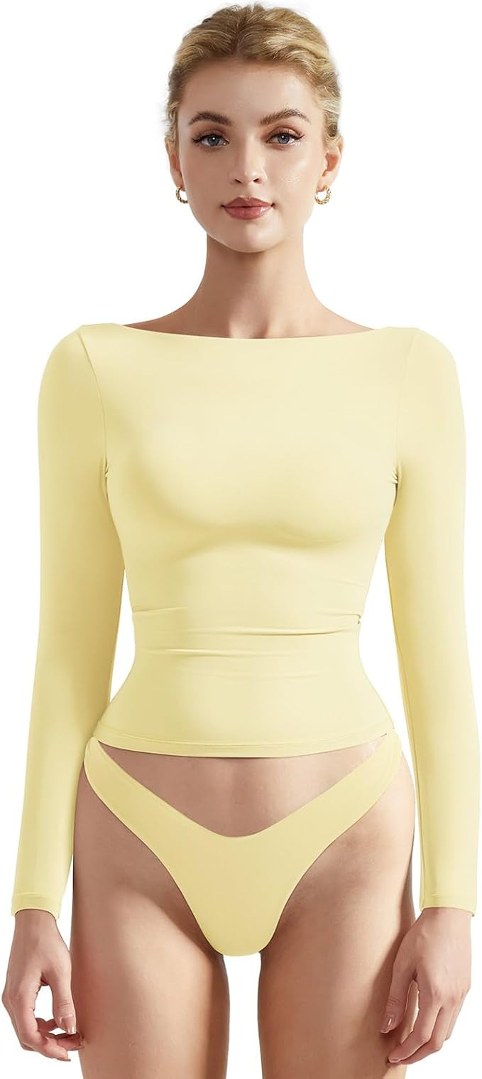 SUUKSESS Women Crew Neck Long Sleeve T Shirts Double Lined Tight Fitted Crop Top | Amazon (US)