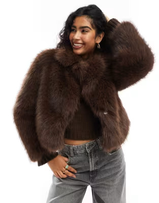Bershka faux fur jacket in chocolate | ASOS (Global)