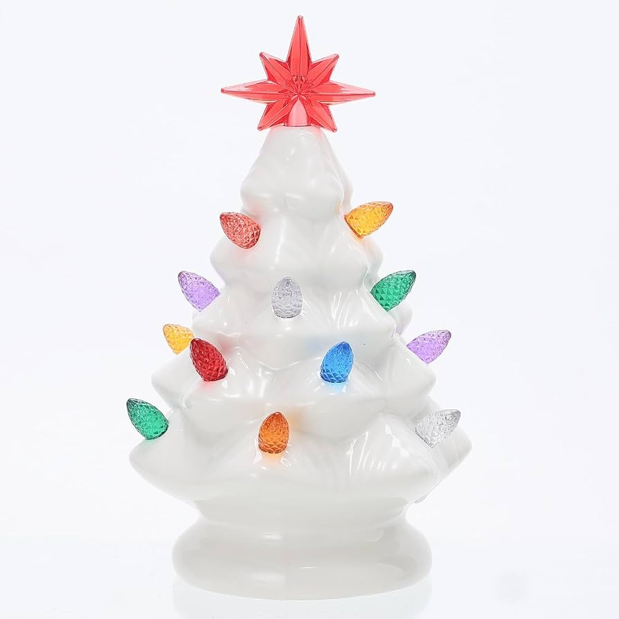 B SEPOR Ceramic Christmas Tree, 7 inch, LED Light Up, White Pre-Lit Tabletop Holiday Decoration | Amazon (US)