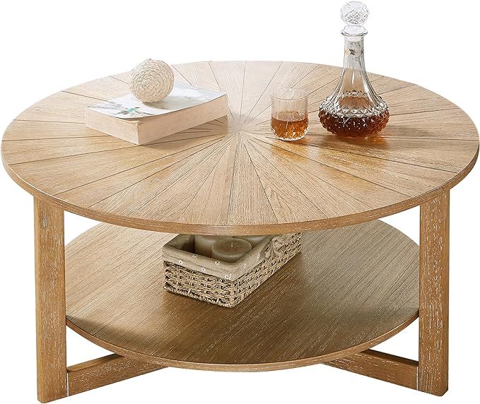 Wood Round Coffee Table for Living Room, 2 Tier Circle Rustic Farmhouse Coffee Table with Storage... | Amazon (US)