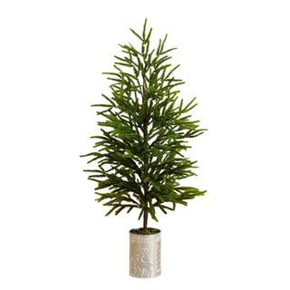 32 in. Artificial Real Touch Norfolk Island Pine in Christmas Tin Metal Planter with Natural Look | The Home Depot