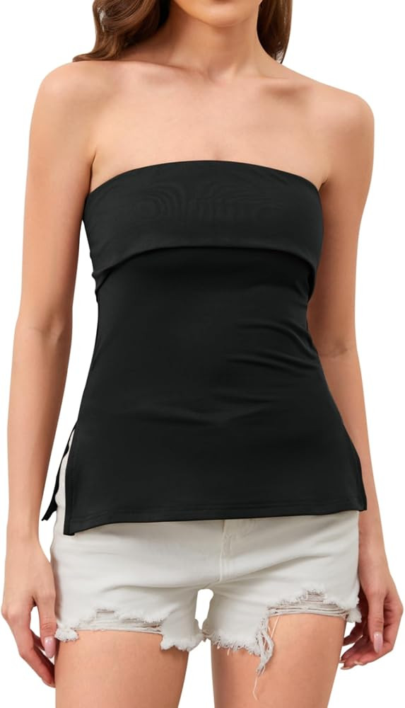 Womens Strapless Tube Top Side Slit Fold Over Long Tube Tops Sexy Slim Fit Backless Split Hem Ban... | Amazon (US)