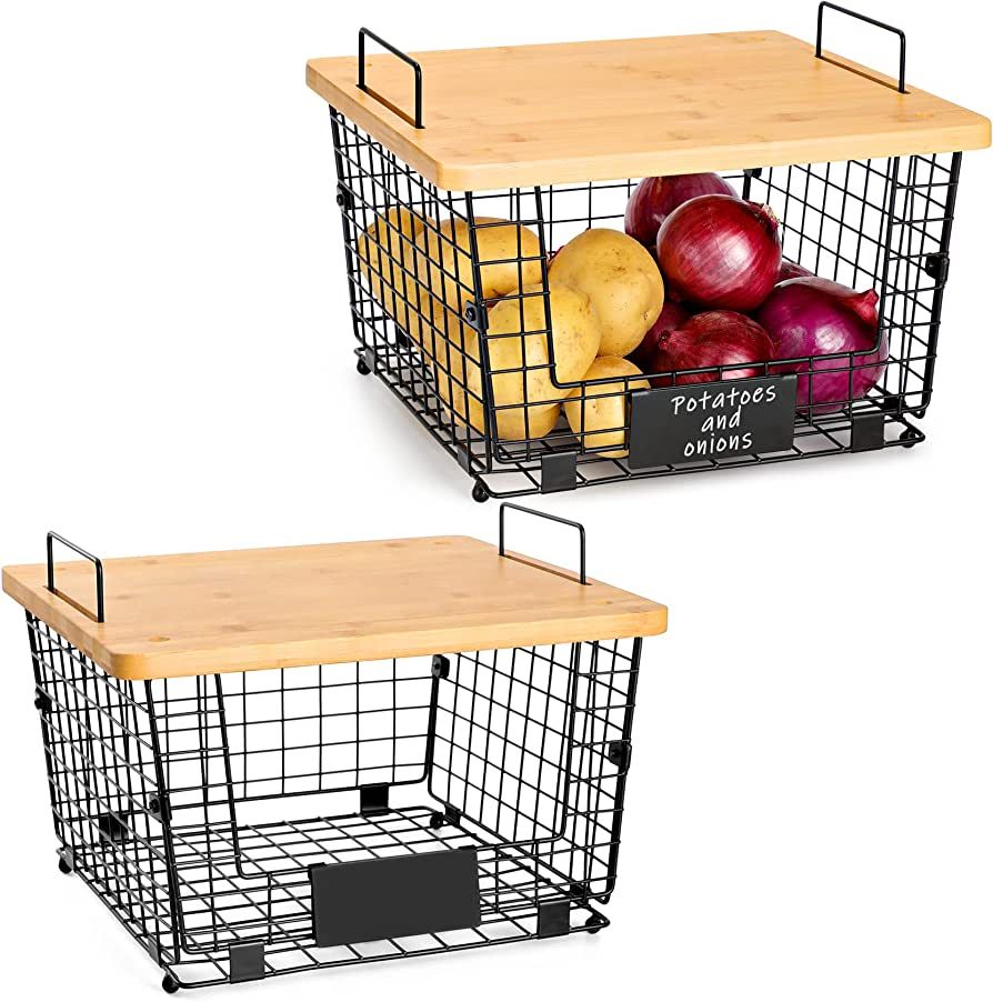 2-Set Stackable Wire Baskets with Bamboo Top - Kitchen Pantry Organization and Storage | Amazon (US)