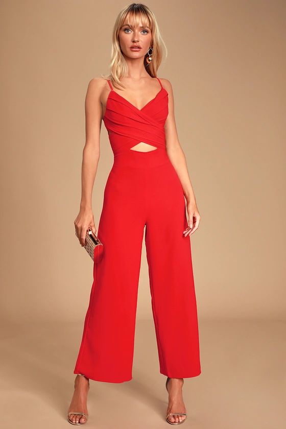 So Ladylike Red Surplice Cutout Jumpsuit | Lulus