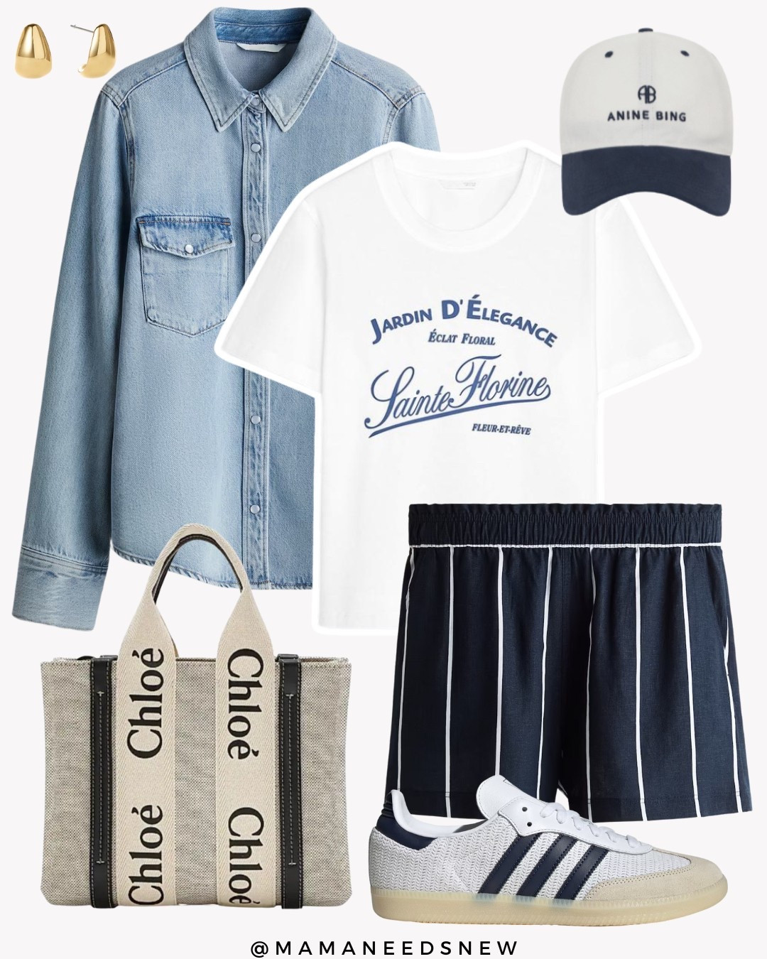 A summer outfit with a denim shirt, graphic t-shirt, striped linen blend shorts, cap, tote bag and sneakers 💙

#LTKStyleTip #LTKShoeCrush #LTKSaleAlert