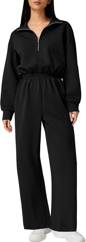QINSEN Women's AirCotton Long-Sleeve Half-Zip High Waisted Wide Leg Jumpsuit with Pockets | Amazon (US)