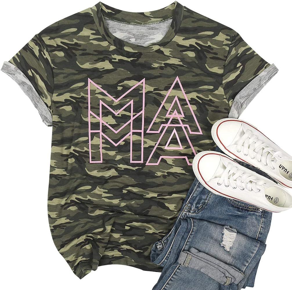 Mama Letter Printed T-Shirt Women Mama Graphic Tops Tee Mothers Day Short Sleeve Camouflage Print... | Amazon (US)