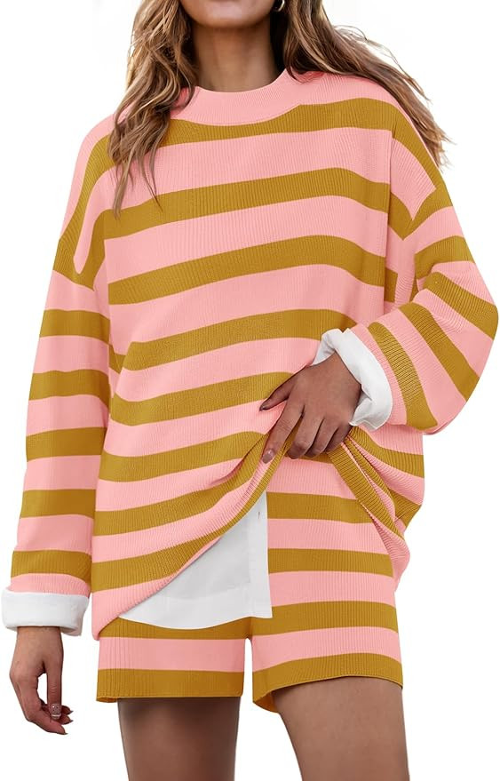 ZESICA Striped Lounge Sets for Women Fall 2025 2 Piece Oversized Outfits Long Sleeve Tops and Sho... | Amazon (US)