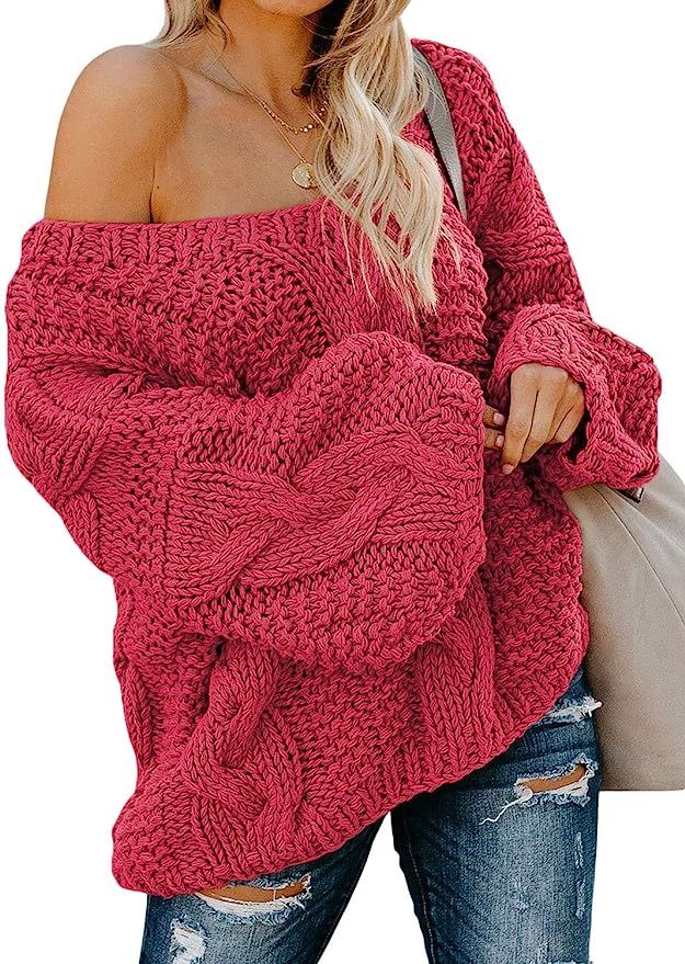 Astylish Women's Sexy Long Sleeve Off Shoulder Loose Cable Knit Pullover Sweater | Amazon (US)