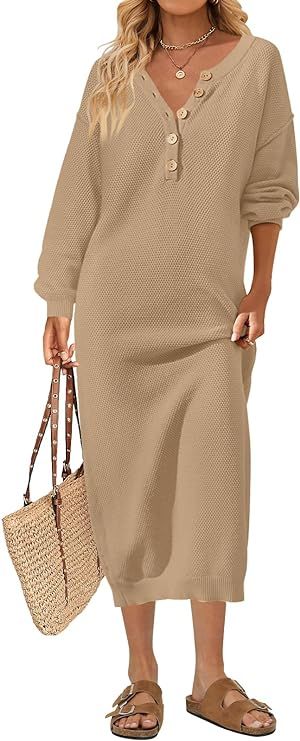 MEROKEETY Womens 2023 Long Sleeve Button V Neck Sweater Dress Casual Fall Loose Knit Maxi Dress | Amazon (US)