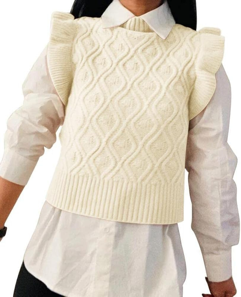 Zeagoo Women's Sweater Vests Round Neck Ruffle Cable Knit Cropped Tops Sleeveless Sweater S-XXL | Amazon (US)