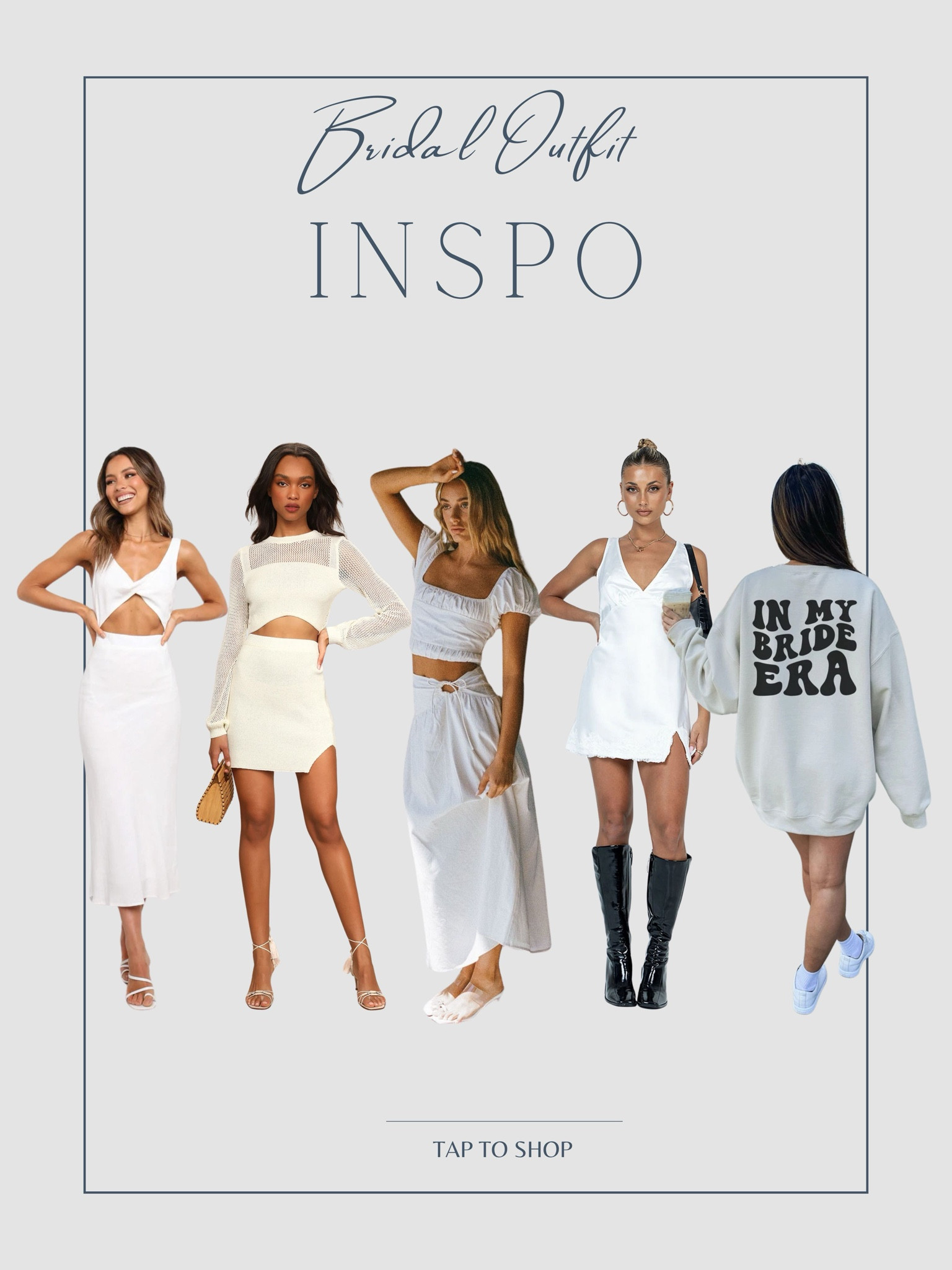 Bridal outfit inspo! For bachelorette parties, everyday wear, bridal showers, engagement photos, etc 🤍🥂