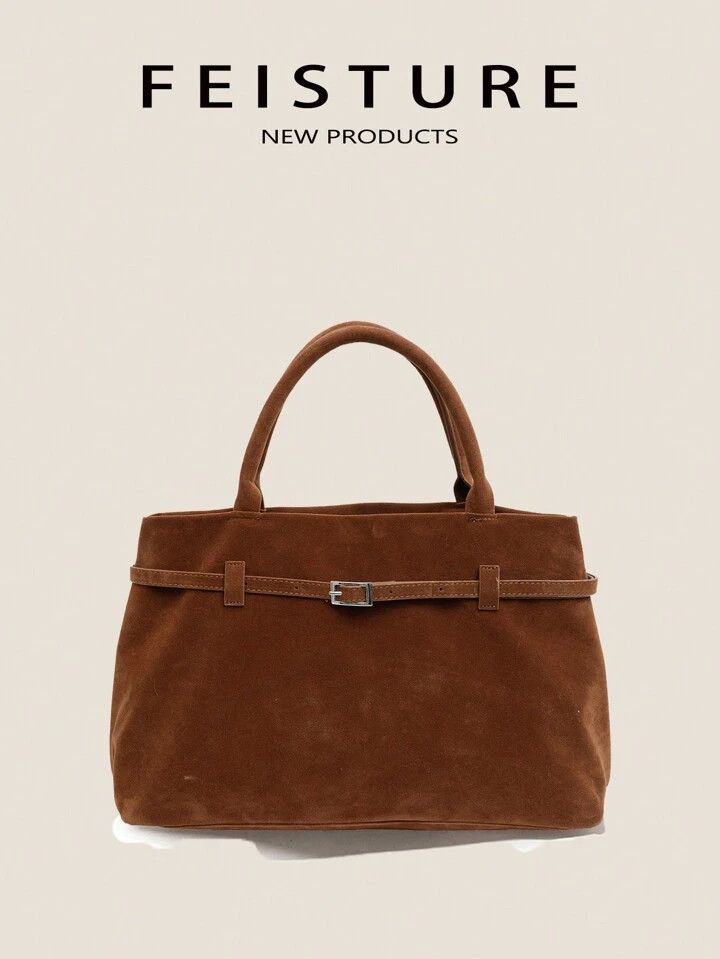 FEISTURE 1pc Suede Tote Bag, Large Capacity Solid Color Mature Elegant Women's Handbag Retro Brie... | SHEIN