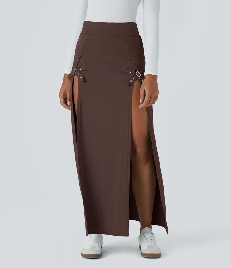 Women’s High Waisted Decorative Buckle Split 2-in-1 Maxi Casual Skirt - Halara | HALARA