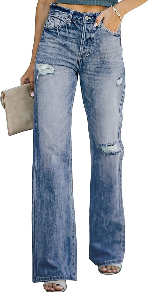 Sidefeel Women Distressed High Waist Wide Leg Jeans Denim Pants | Amazon (US)