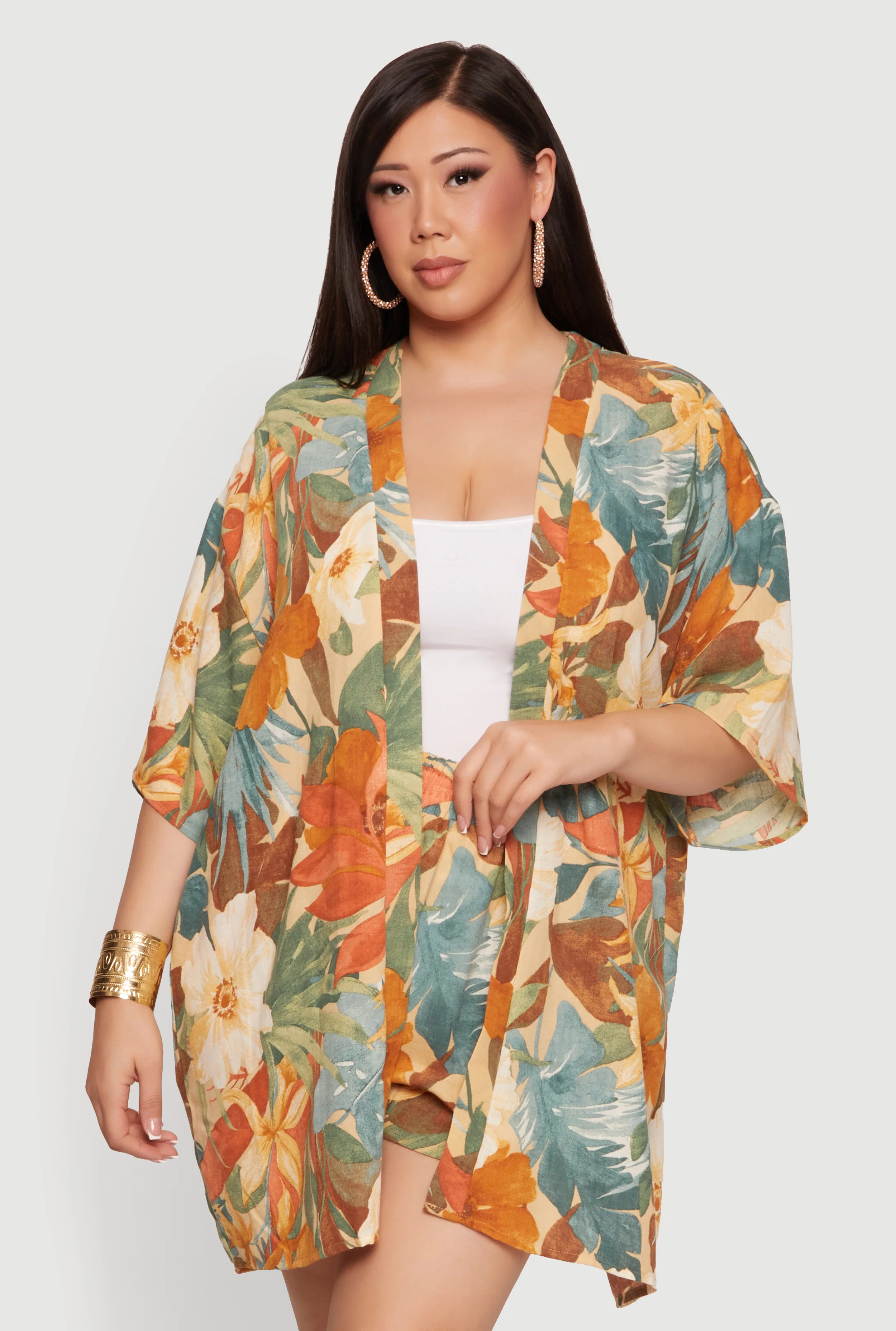 Plus Size Floral Print Drop Shoulder Kimono | Rainbow Shops
