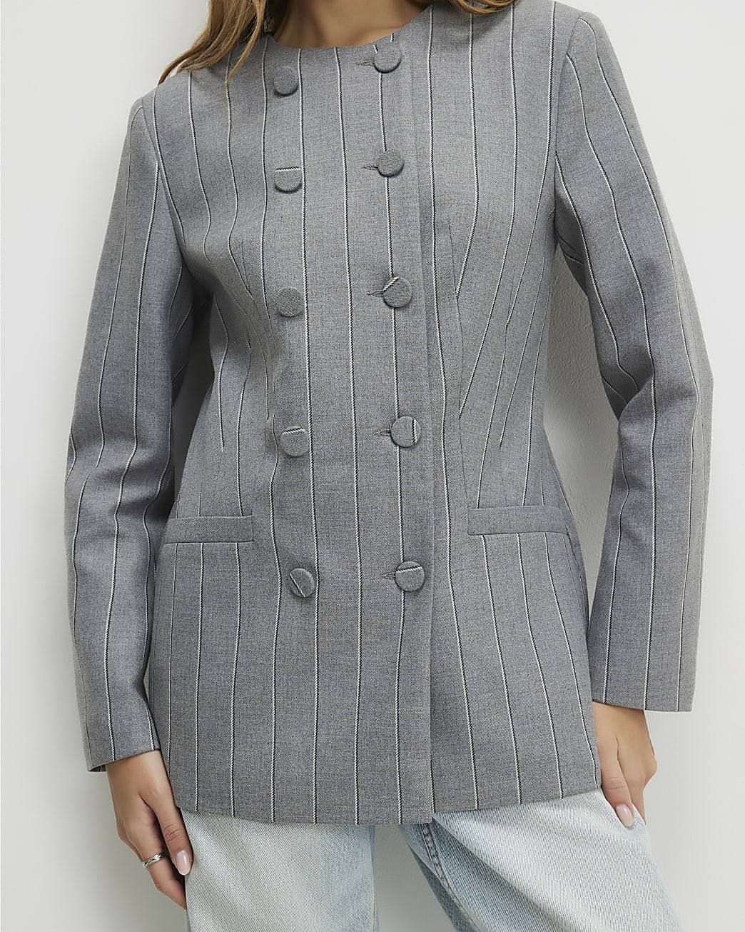 Grey Striped Double Breasted Cape Blazer | River Island UK & IE