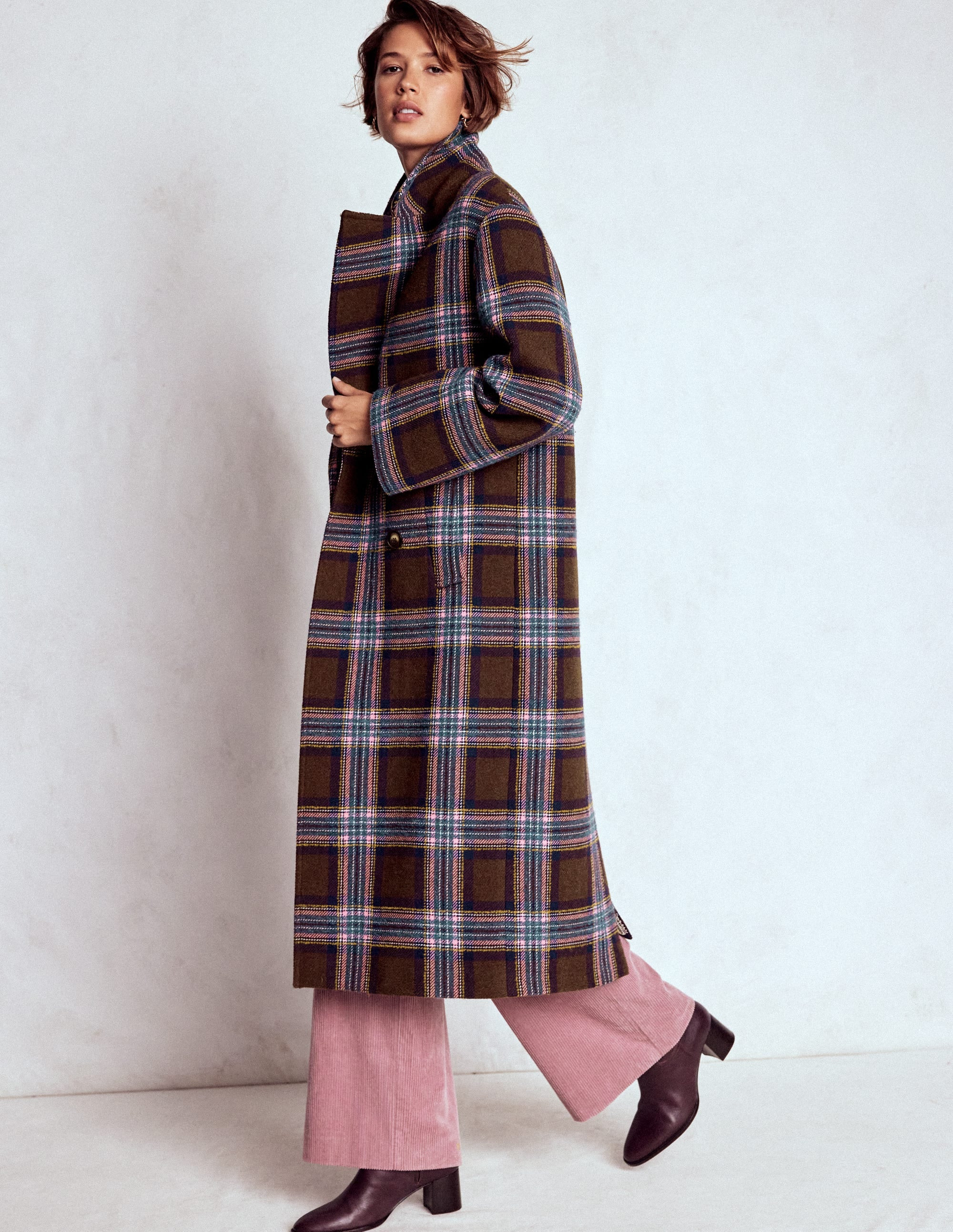 Cocoon Wool Coat-Brown, Teal and Pink Check | Boden (US)