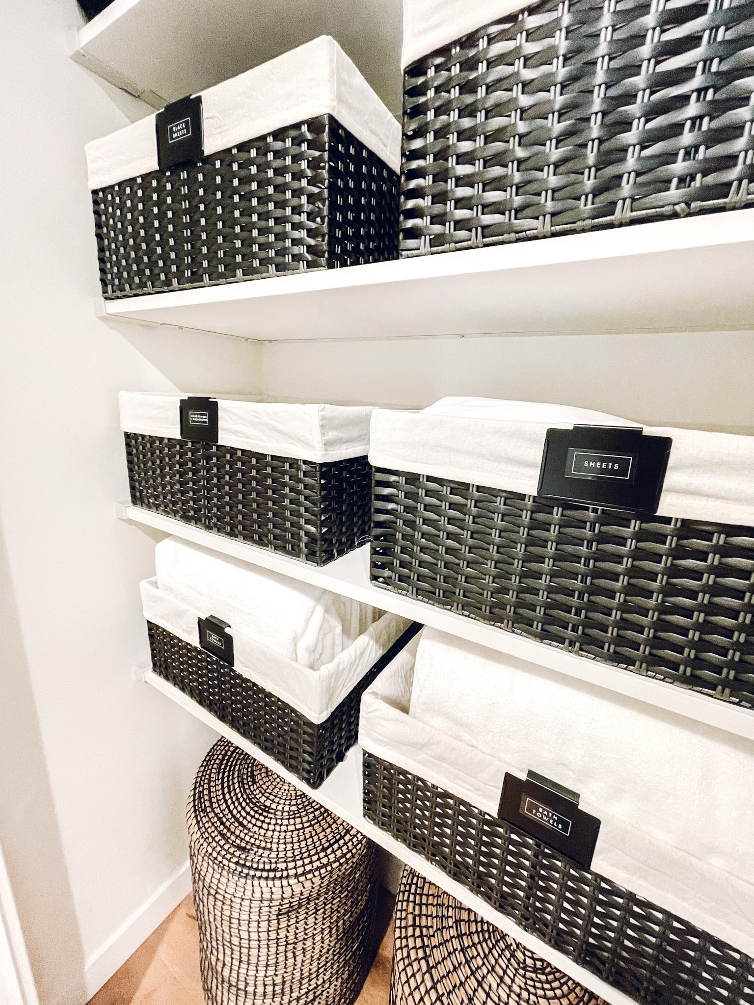 Linen closet organization. The Container Store Montauk bin, bin clip, Round Striped Seagrass Hamper✨

#LTKfamily #LTKhome