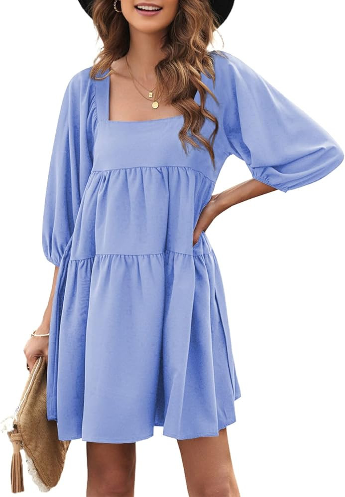 BLENCOT Womens Cute Puffed Sleeve Backless Lace Up Babydoll Mini Dresses S-XL | Amazon (US)