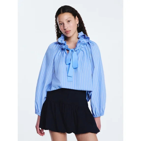 Free Assembly Women's Ruffle Tie Neck Cotton Top with Long Puff Sleeves, Sizes XS-XXL | Walmart (US)