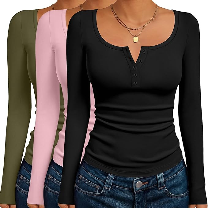 Ekouaer Women's Long Sleeve Henley T Shirts 3 Packs Fall Button Slim Fit Tops Basic Base Layer So... | Amazon (US)