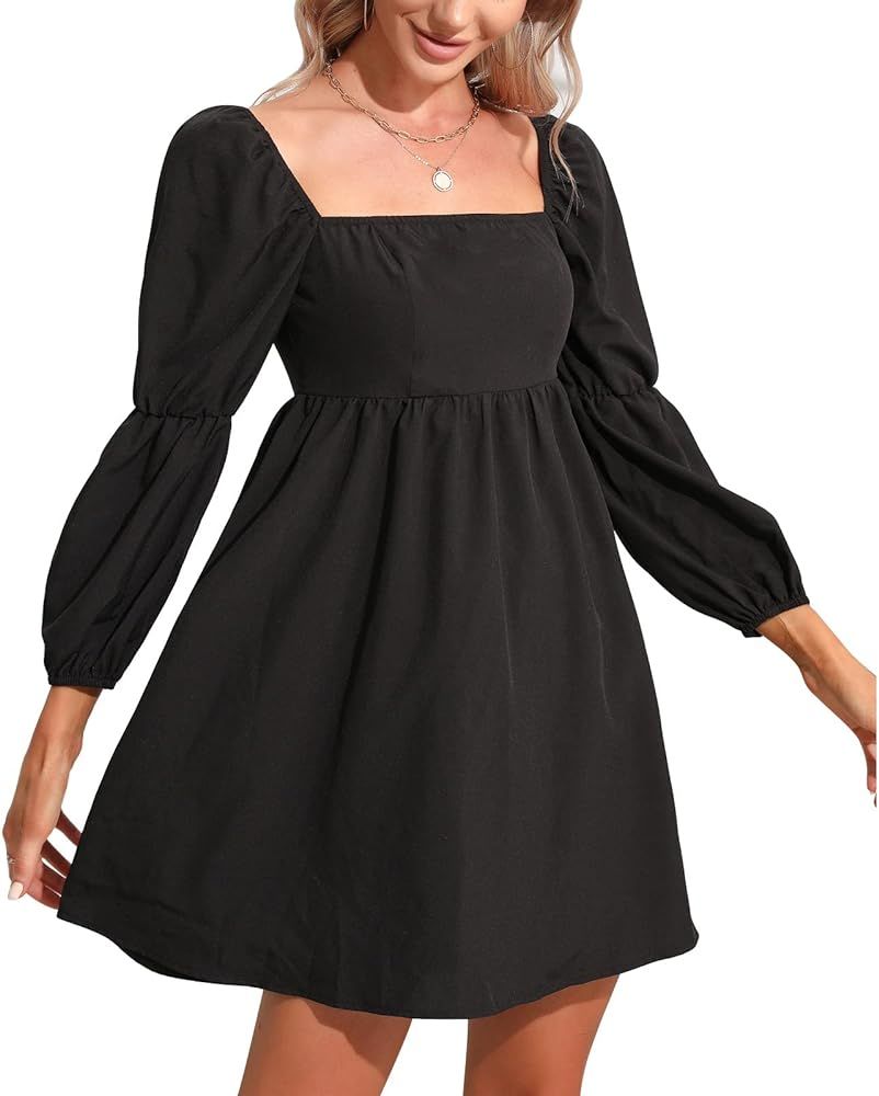 Womens Mini Dresses Casual Long Puff Sleeve Square Neck High Waist Dress | Amazon (US)