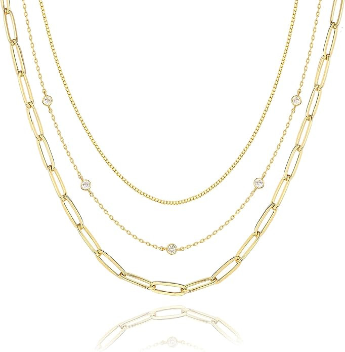 Layered Necklaces for Women, Dainty Gold Necklace Stack 14k Gold Plated Layering CZ Chain Choker ... | Amazon (US)