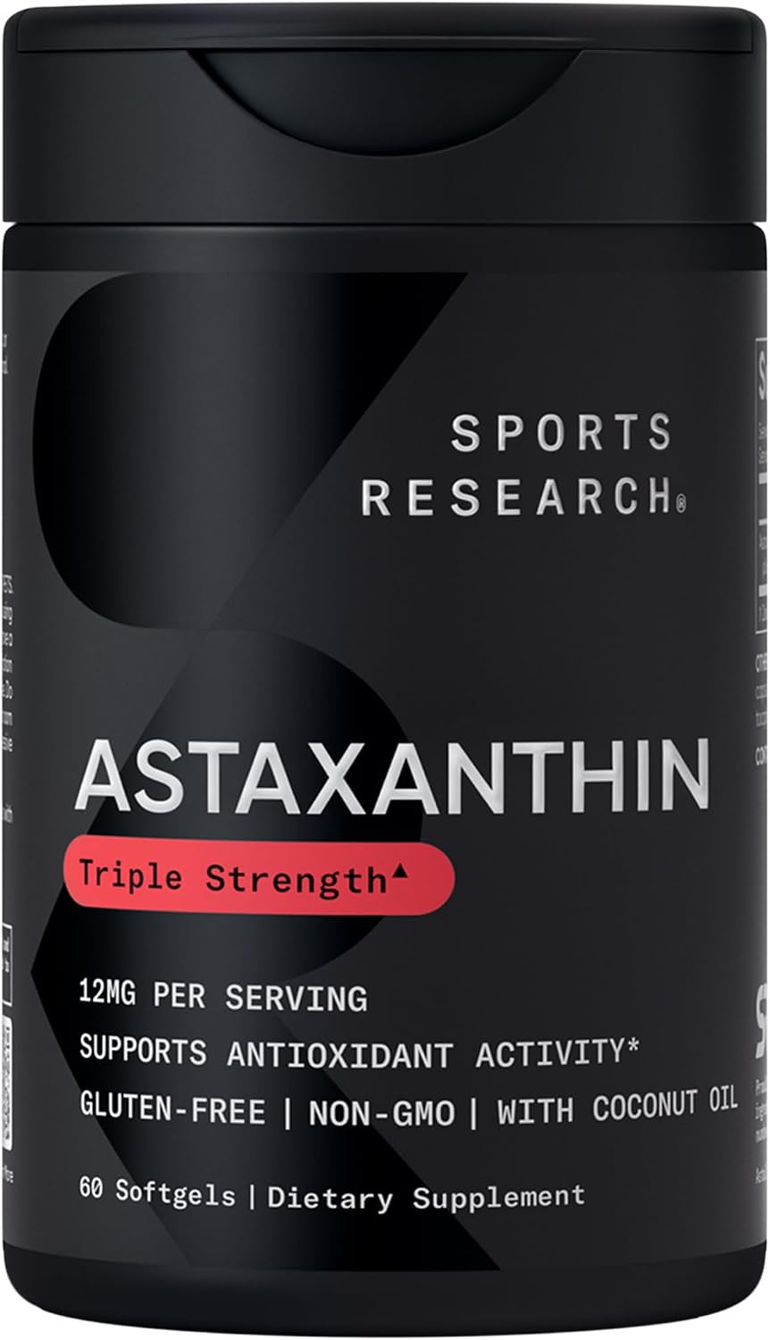Sports Research® Triple Strength Astaxanthin 12mg w/Organic Coconut Oil - Antioxidant Supplement for Skin & Eye Health Support* - Soy Free · Non-GMO · Gluten Free - 60 Softgels | Amazon (US)