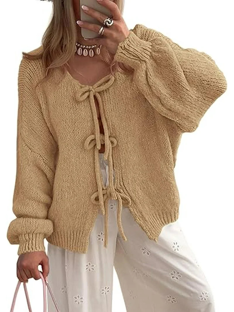 PRETTYGARDEN Women's Tie Front Bow Cardigan Sweaters Chunky Knit Long Puff Sleeve Trendy Fall Win... | Walmart (US)