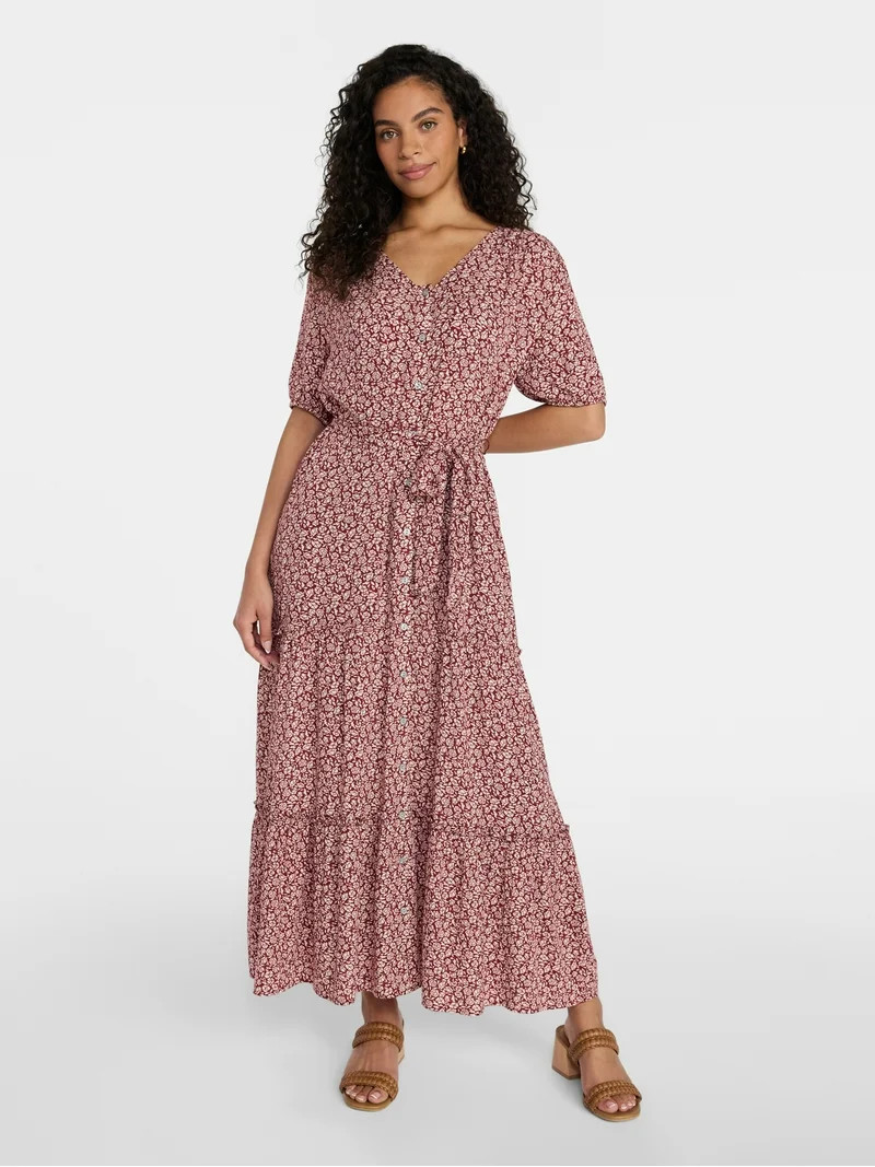 Time and Tru Women’s Crinkle Maxi Dress with Short Sleeves, Sizes XS-XXXL | Walmart (US)