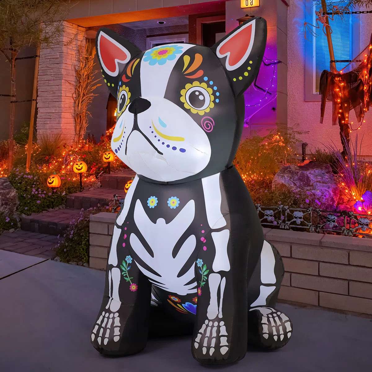Halloween Inflatables 5 FT Halloween Inflatable Skeleton Dog Frenchie Bulldog Blow Up with LED Lights | Wayfair North America