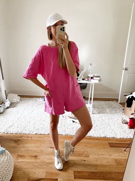 Pink tshirt romper one piece mom outfit for summer by BarbiGia. Custom floral converse high top sneakers 

#LTKFindsUnder50 #LTKStyleTip #LTKFamily