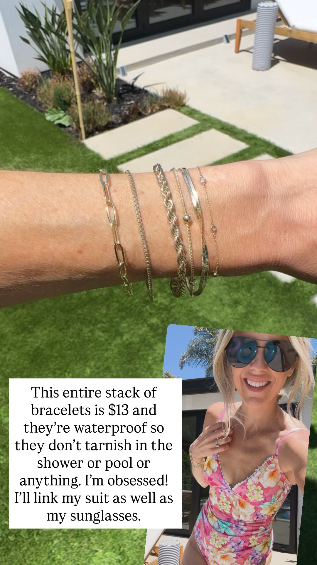 I love the super affordable waterproof bracelets from Amazon. Only $13 for the entire stack! I wear them in the shower in the pool and they stay shiny and new looking. They don’t tarnish it at all. I’ll also link my tummy control suit (on sale for $38) , and my sunglasses. ￼

#LTKSwim #LTKSaleAlert