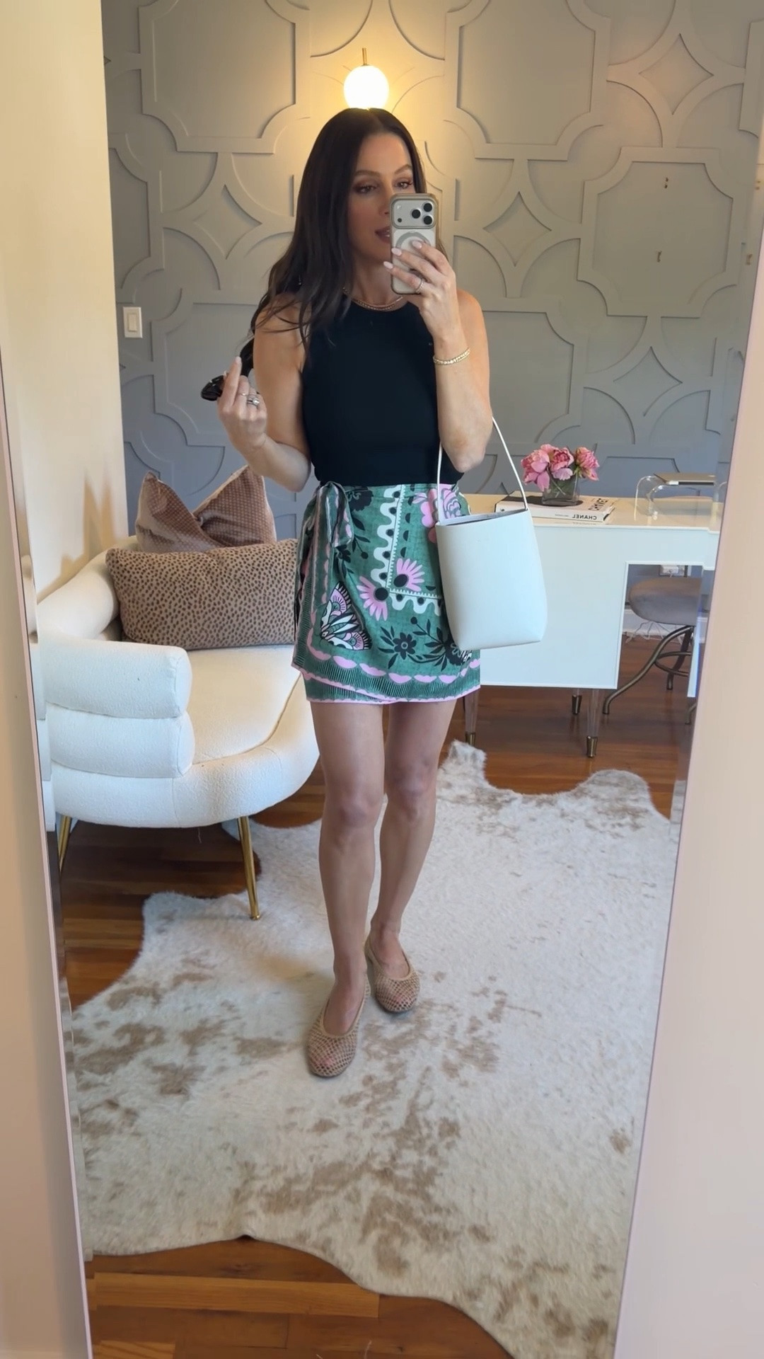 The skirt is under $30 comes in multiple patterns and colors and is true to size. The tank runs true to size and the bag is the smaller size!