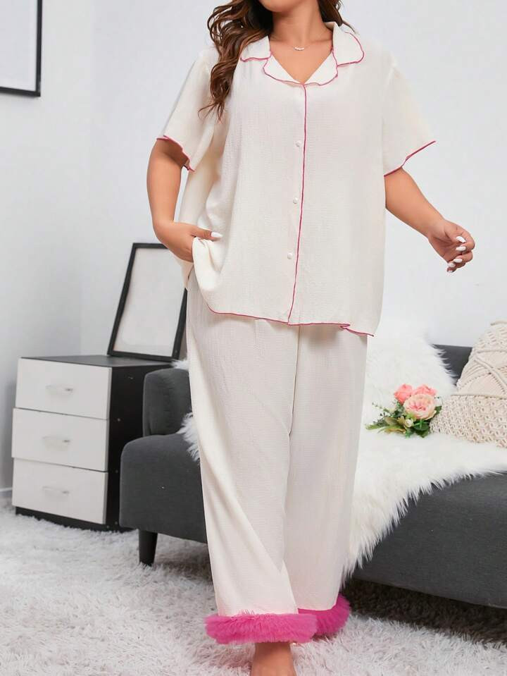 Plus Contrast Binding Button Front Contrast Mesh Trim PJ Set | SHEIN