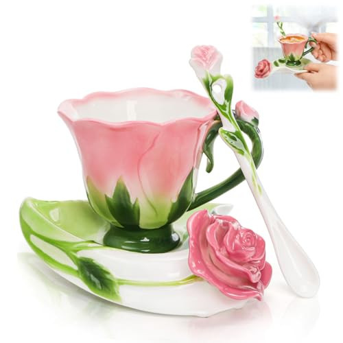 Cididu Pink Tea Cups with Saucer and Spoon, 4.5 Oz Small Ceramic Rose Flower Tea Cup Set for Women Girls, Hand Crafted Vintage Coffee Latte Mug, Fancy Teaware for Mother's Day, Birthday Gift, Wedding | Amazon (US)