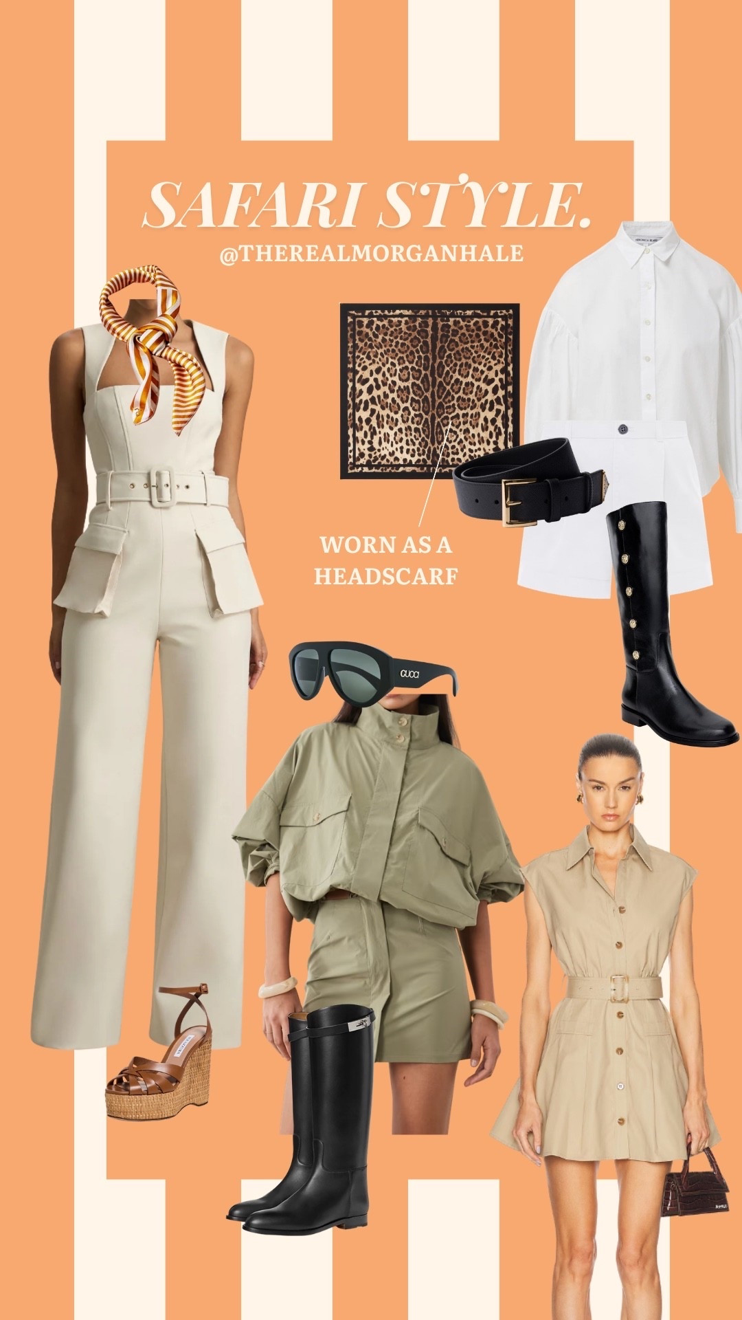 a few options for a safari trip!

jumpsuit: dinner 
linen shorts + top w/headscarf: safari
two piece green set: safari
khaki dress: dinner
