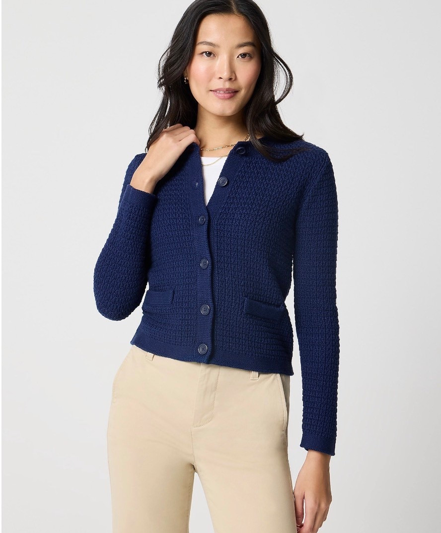 Stitched crewneck cardigan sweater 