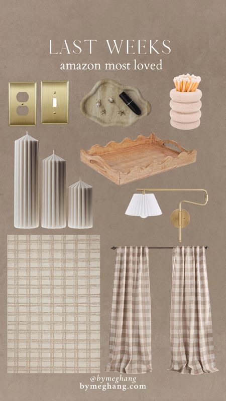 Last weeks most loved Amazon finds : brass outlet and light switch covers, travertine tray, ceramic match striker, gorgeous ribbed candles, scalloped tray, pleated brass plug in sconce, plaid rug, gingham curtains 

#LTKhome