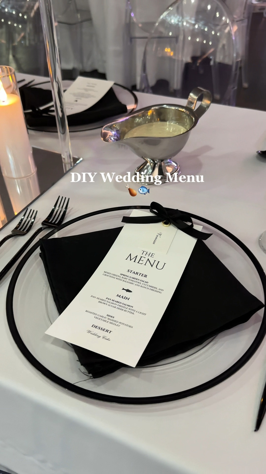 Another affordable, fun & easy DIY for your wedding! 

I used card stock for a thicker, better quality paper and printed the menus on my home printer. The back of the menu had a thank you note from my husband & I 🖤

I added each guest’s name tag on their menu so they would know exactly which seat was theirs.

I also included a small symbol on each menu to show chicken, fish or vegan so my servers could easily identify which meal was for each guest.

Follow for more Wedding DIY Inspo🖤

wedding decor, wedding menu, wedding reception, dinner tablescape 

#LTKCyberWeek #LTKWedding #LTKFindsUnder50