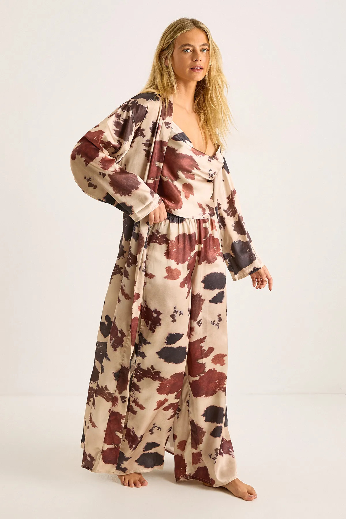 Nightwear | Cow Satin Cowl Pajama Pants and Robe 3pc Set | NastyGal | NastyGal UK