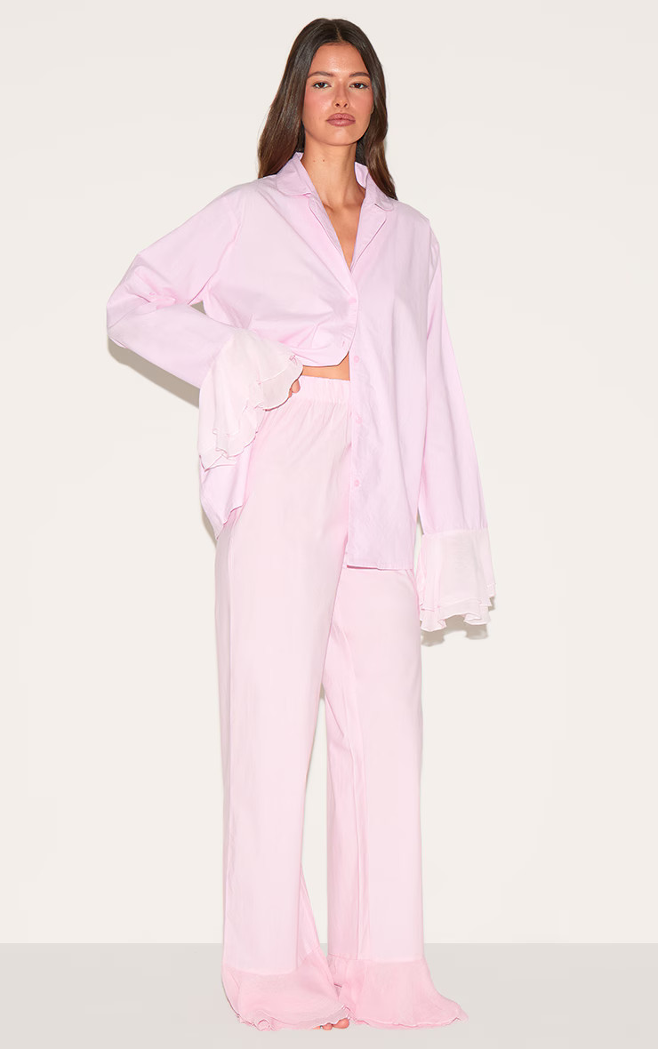 Pink Frill Hem Cotton Long Pj Set | Lingerie & Nightwear | PrettyLittleThing US