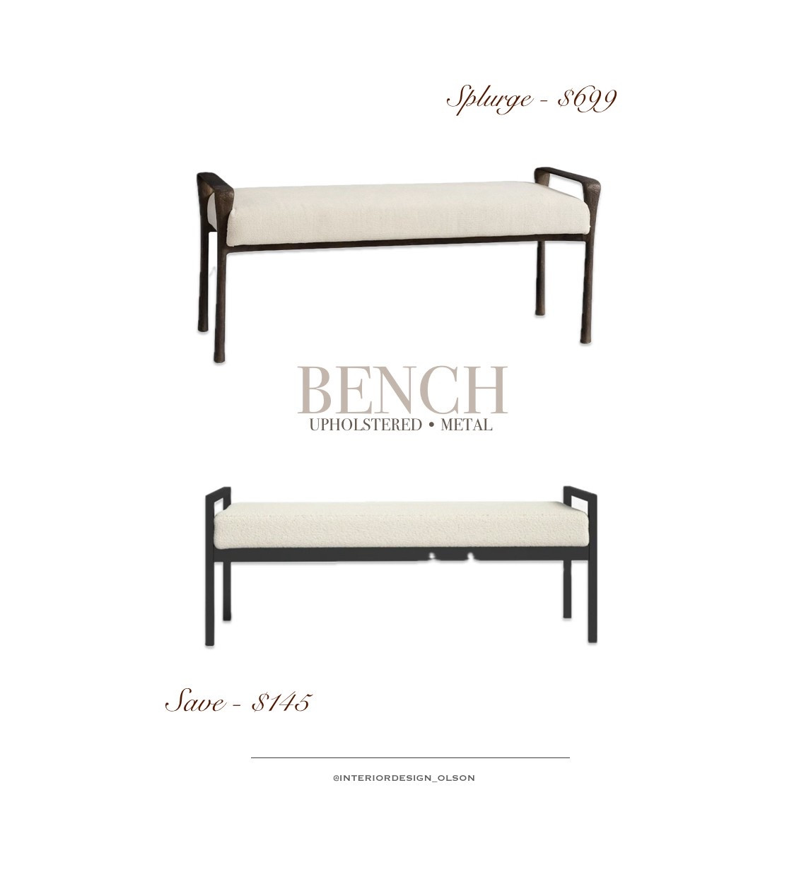 Splurge vs. Save: Upholstered Metal Bench 🖤
Both of these benches bring the perfect mix of modern edge and cozy texture—just depends on your budget! The splurge has artisan-level detail, while the save offers the same sleek silhouette and boucle-style seat for a fraction of the price.

Perfect for the end of a bed, an entryway, or styled under a console. I’ve linked both options for you to compare and shop!

#SplurgeVsSave #BenchDecor #ModernBench #BoucleBench #EntrywayBench #BedroomBench #LTKHome #AffordableHomeDecor #InteriorDesignFinds #NeutralHomeStyle