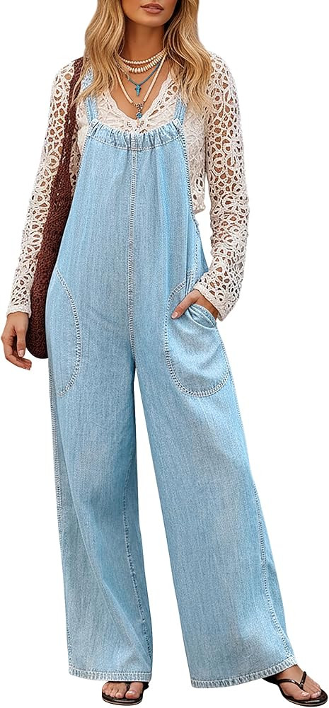 Denim Overalls for Women Jean Jumpsuit Wide Leg Adjustable Tie-Back Straps Loose Fit Baggy Jumper... | Amazon (US)