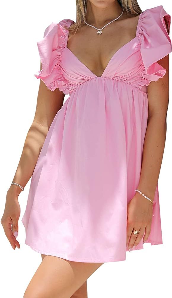 hibshaby Womens Ruffle Sleeve Mini Dress Lace Up      
 shirt fabric | Amazon (US)