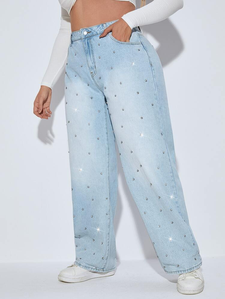 SHEIN SXY Plus Rhinestone Detail Straight Leg Jeans | SHEIN